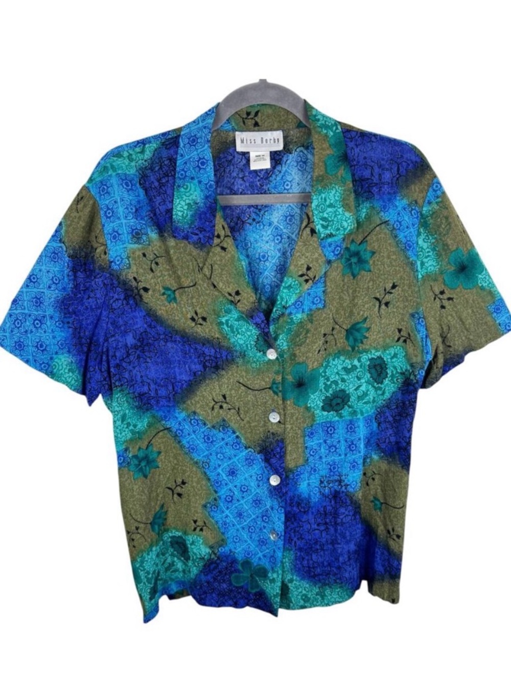Miss Dorby Vintage Rayon Blue Green Short Sleeve Button‎ Up 14